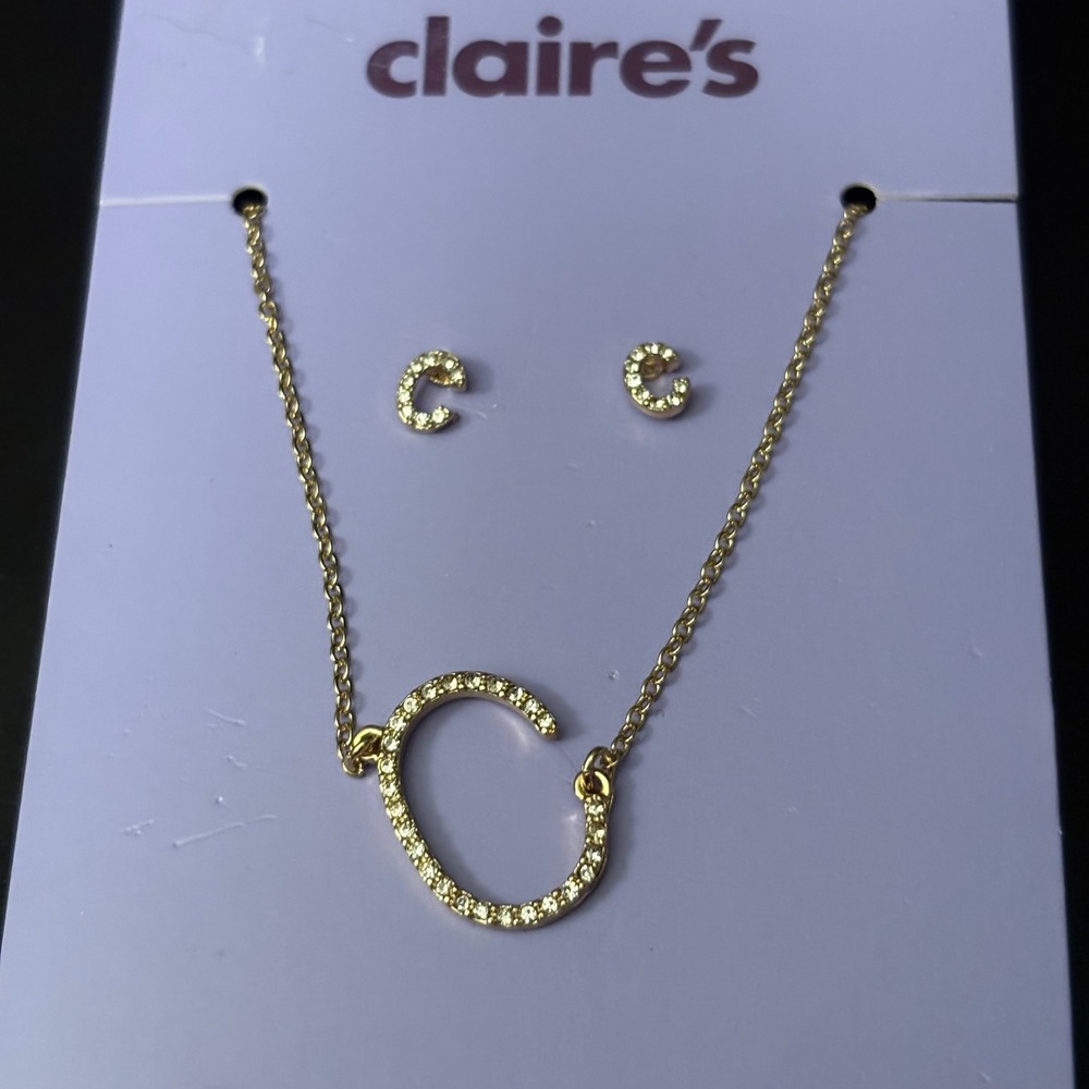 NWT Claires Gold Initial C Necklace and Earrings Set Rhinestone Letter Jewelry